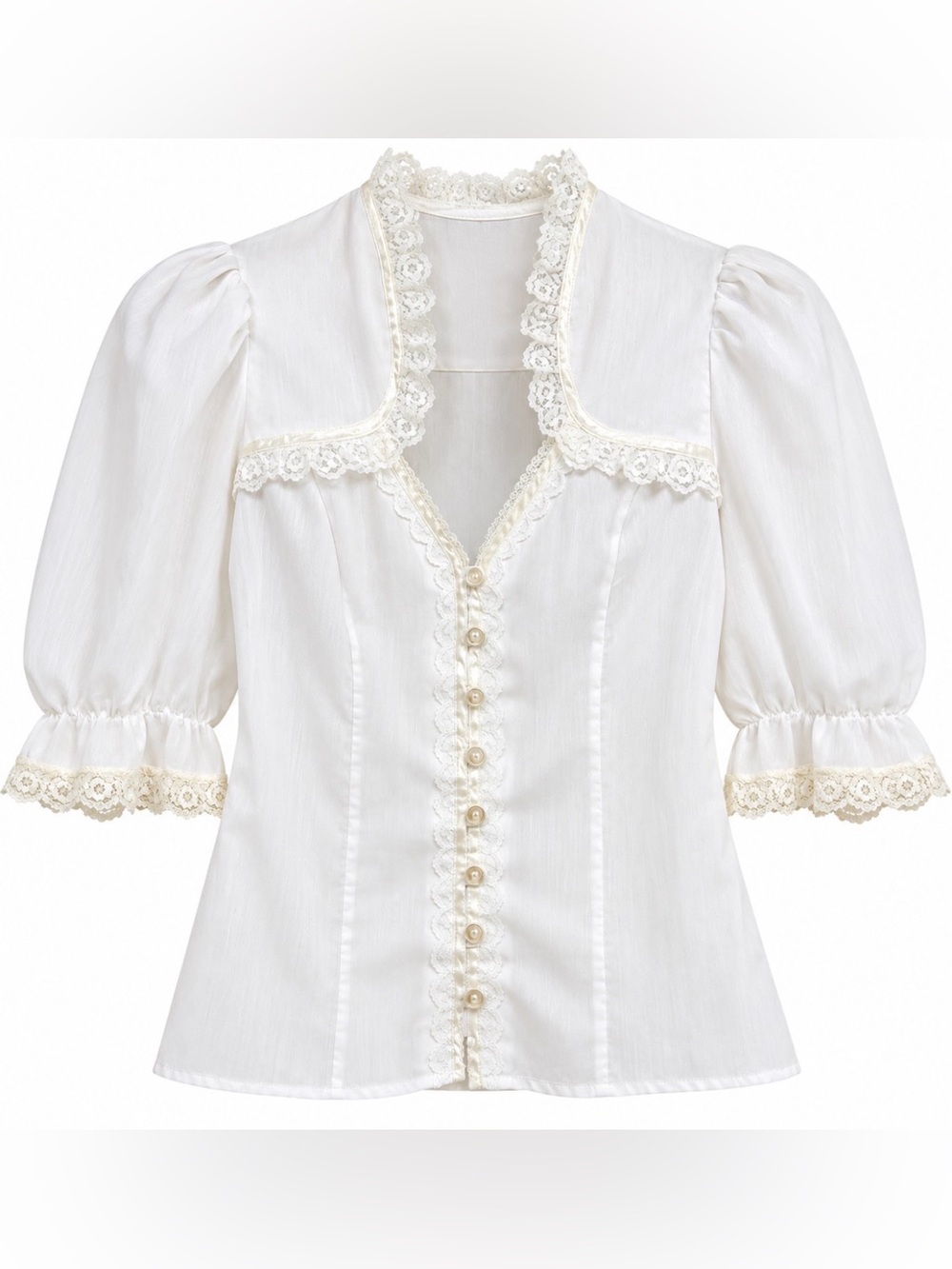Vintage White Lace Puff Sleeve Pearl Button Blouse XS S Victorian Prairie